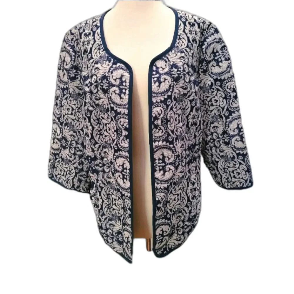 Women's ColdWater Creek Navy Blue Damask Tapestry Open Front Jacket Size 12